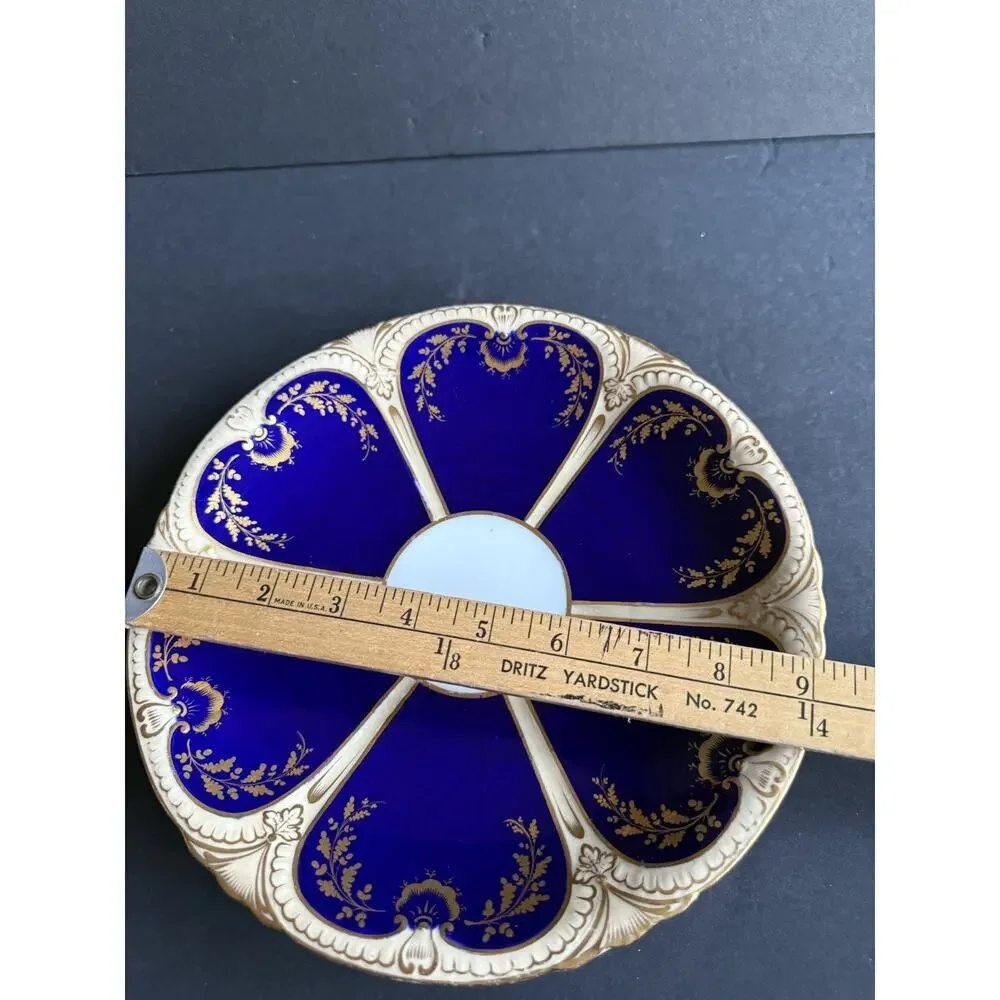 Vintage Bone China Blue White Serving Platter Gold Flower Trim Servingware 9”
